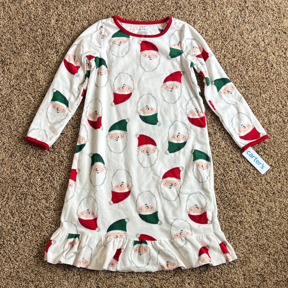 Carter's Festive Santa Fleece Nightgown Red Green All Over Santa Print Size 6/7